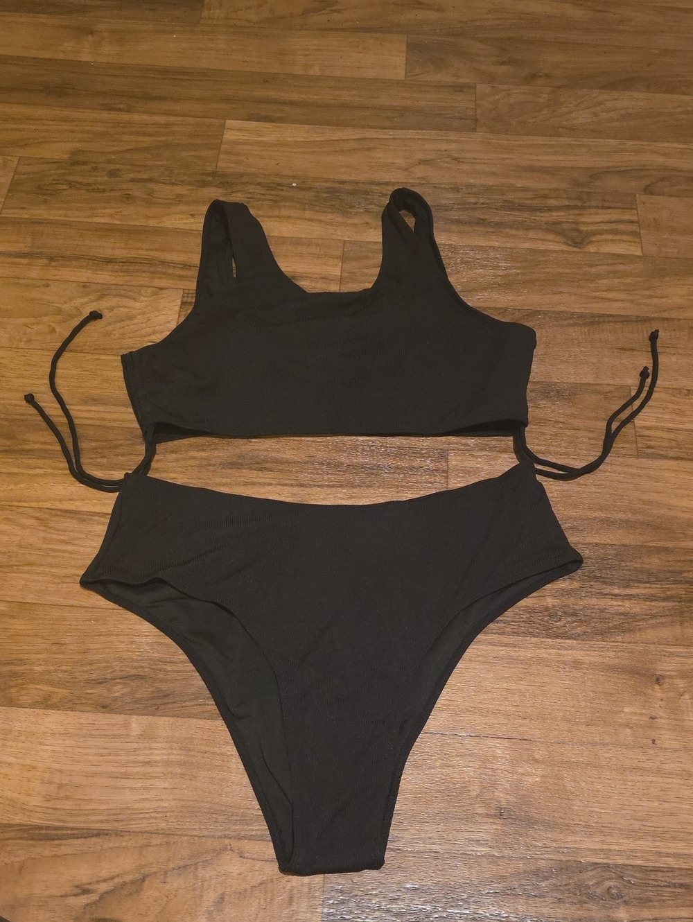 SHEIN Black Ribbed Scoop-Neck High-Waist Bikini Set